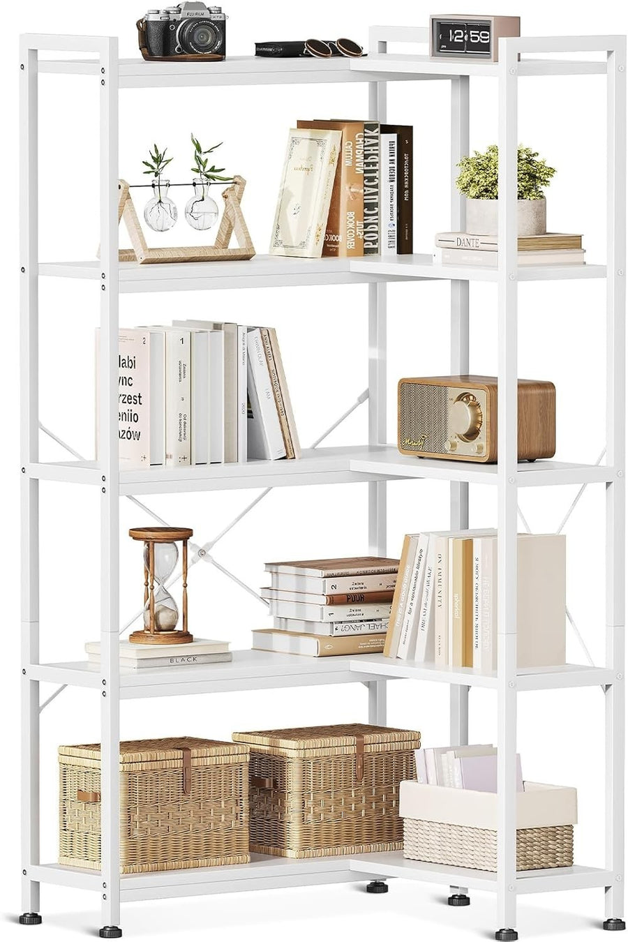 5 Tier L Shaped Corner Bookcase White Metal & Wood Storage Shelf