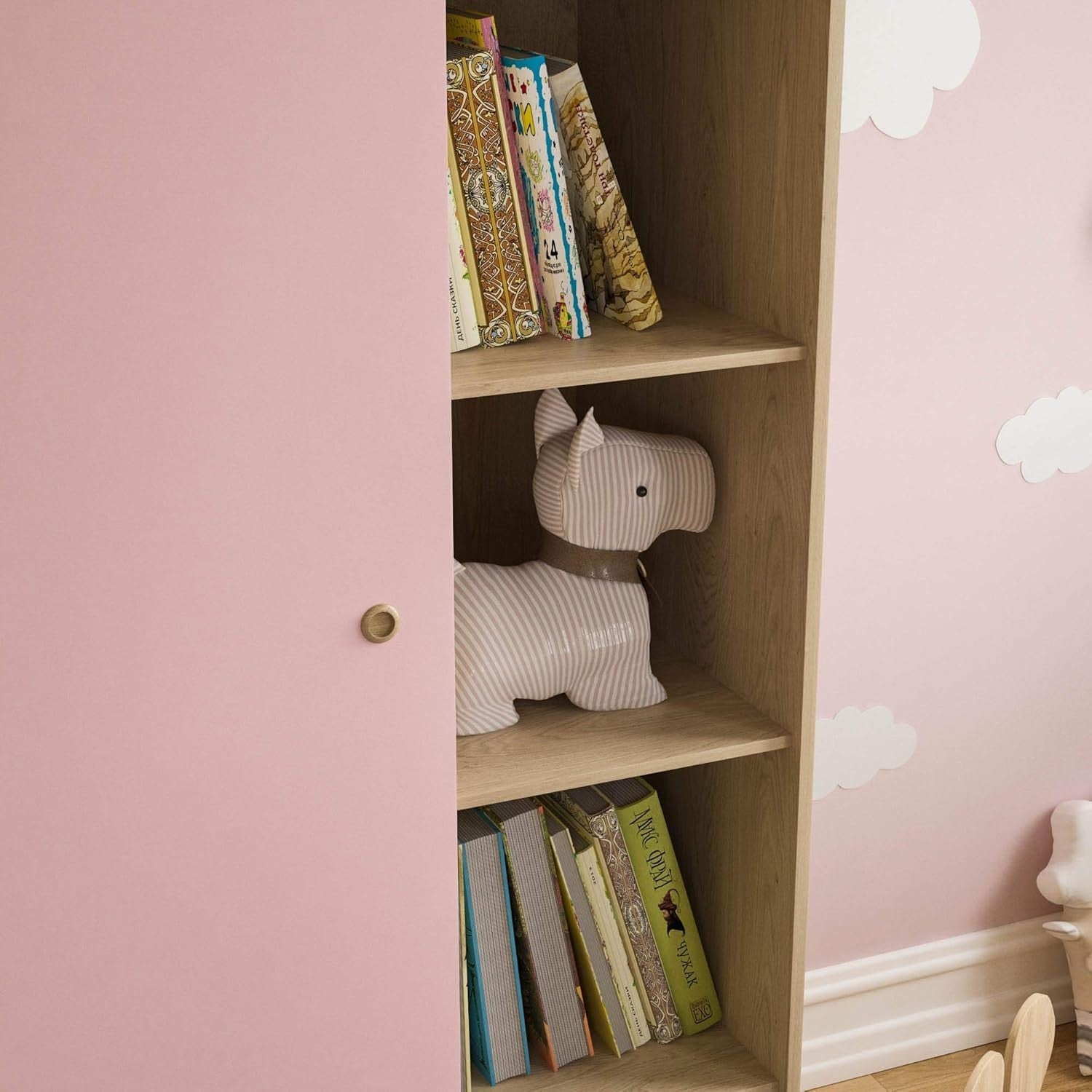 Kids 1-Door Wardrobe with Clothes Rails & Shelves – Durable Pink & Oak Storage