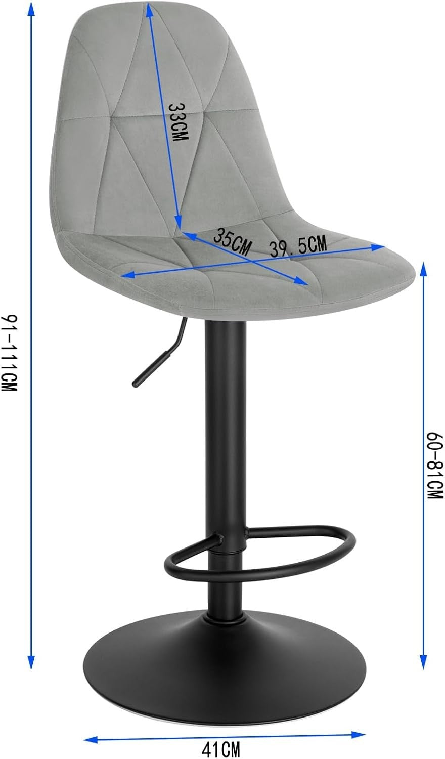 Adjustable Swivel Light Grey Velvet Bar Stool L-Shaped Seat 60-81cm