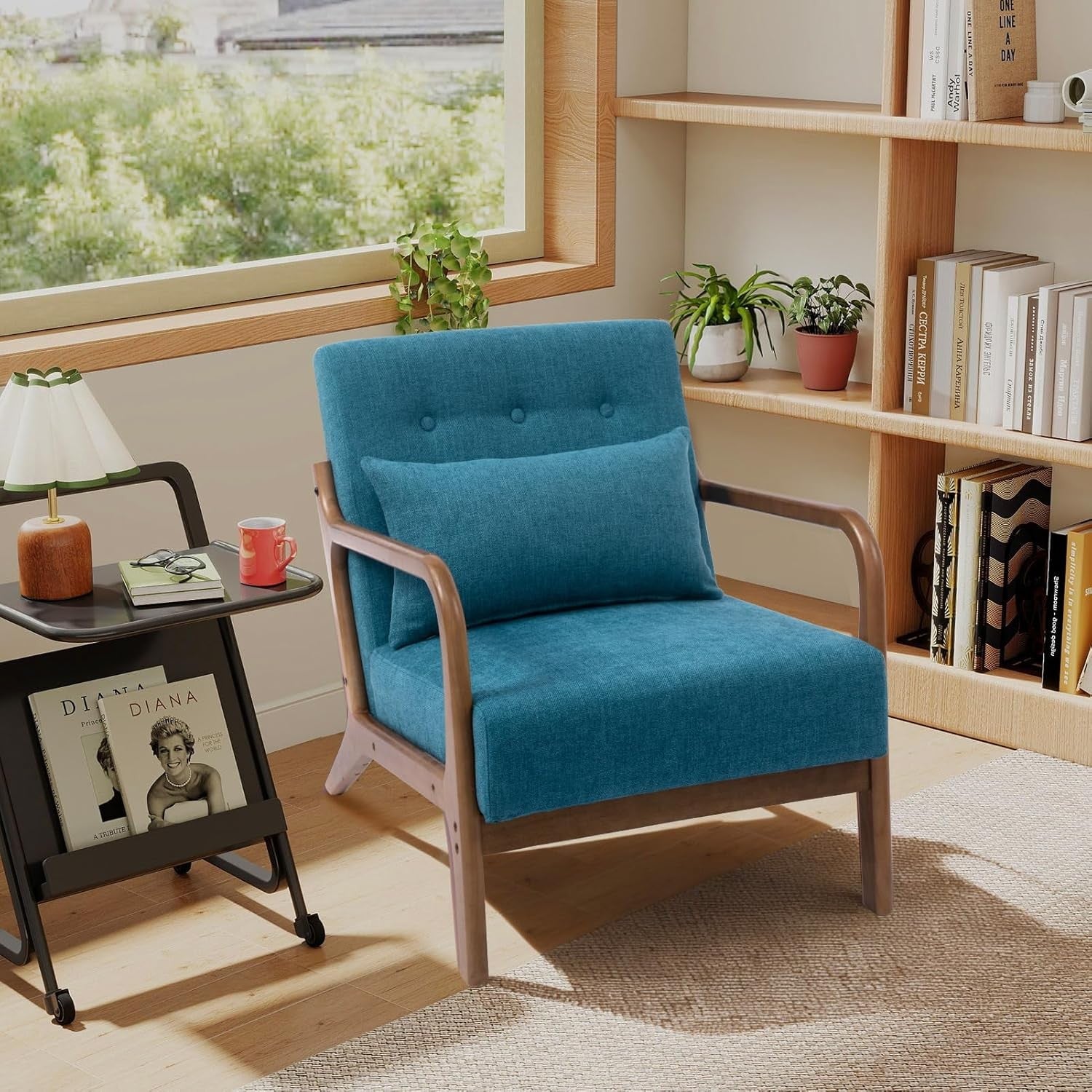 Teal Accent Armchair Wooden Frame Lounge Reading Chair Linen Seat