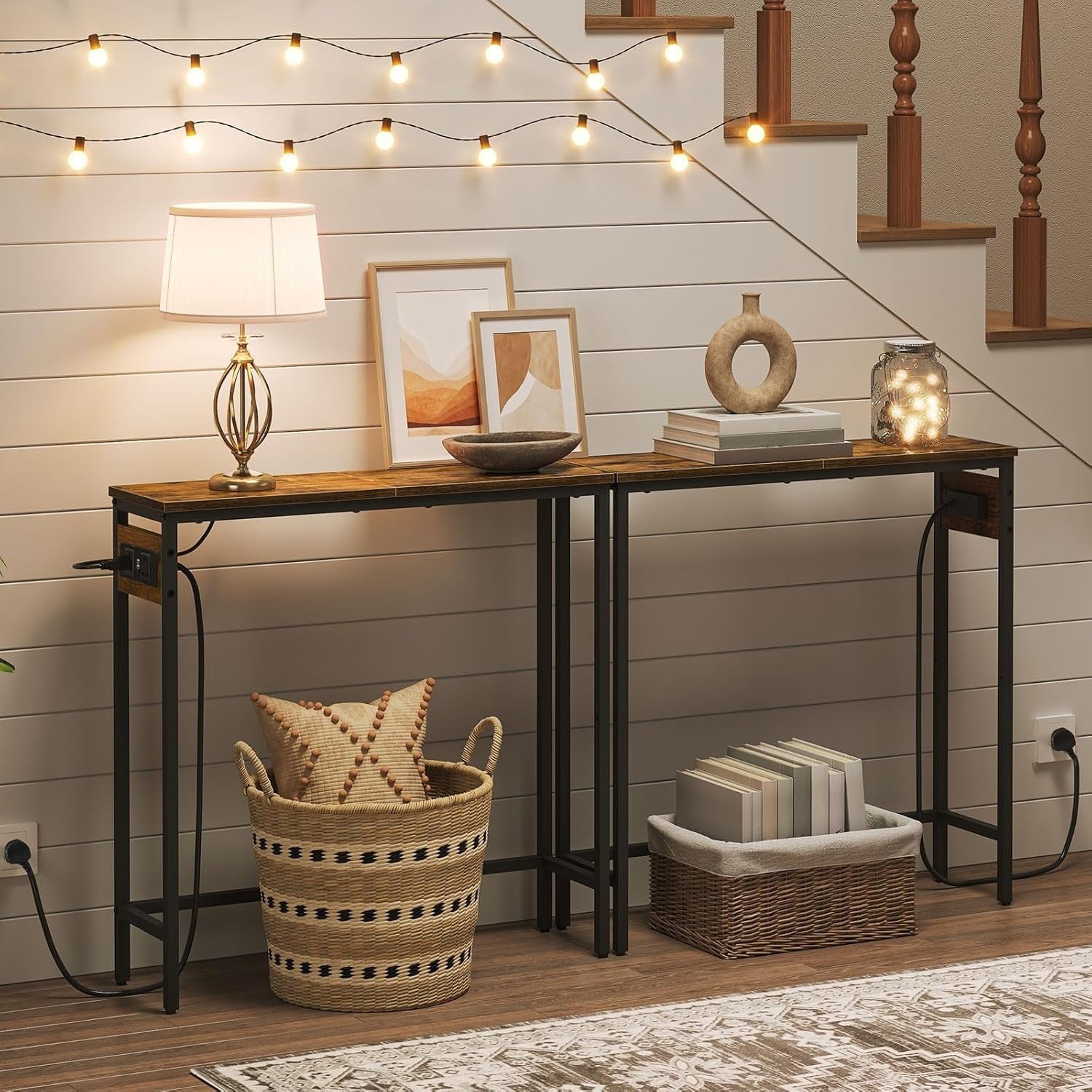 Slim Console Table with Charging Station, Rustic Hallway Desk for Small Space