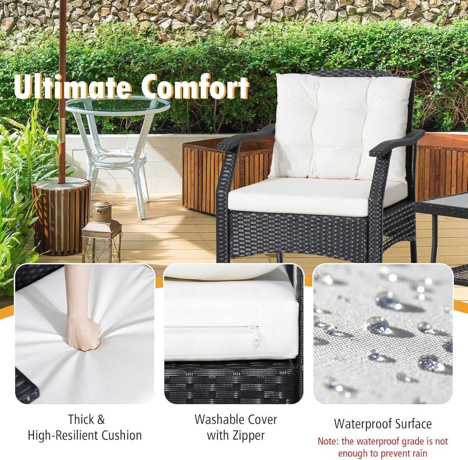 Outdoor Rattan Bistro Set 3-Piece Patio Sofa Table Chairs Cushions Garden