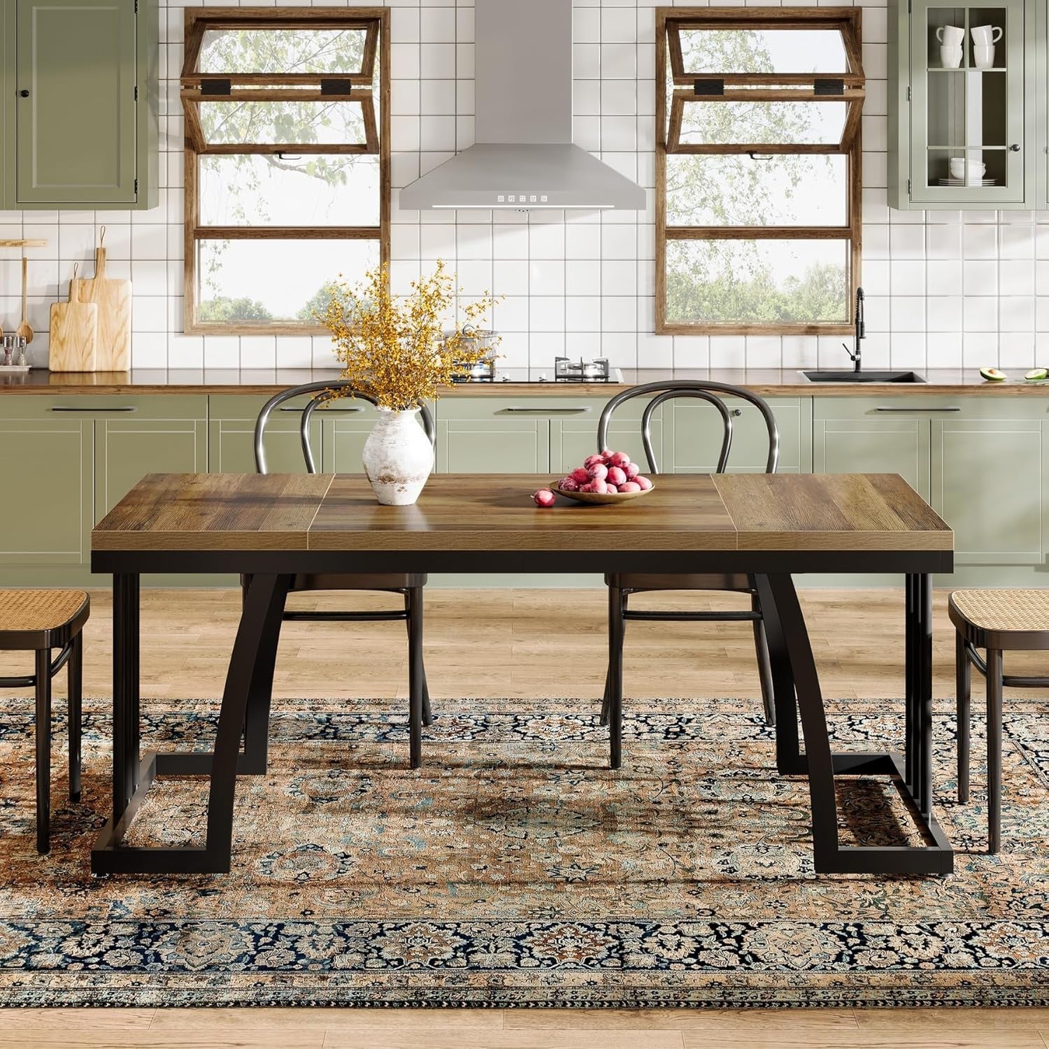 Rustic Dining Table Wood Metal Frame 6 Seater Kitchen Table Sturdy