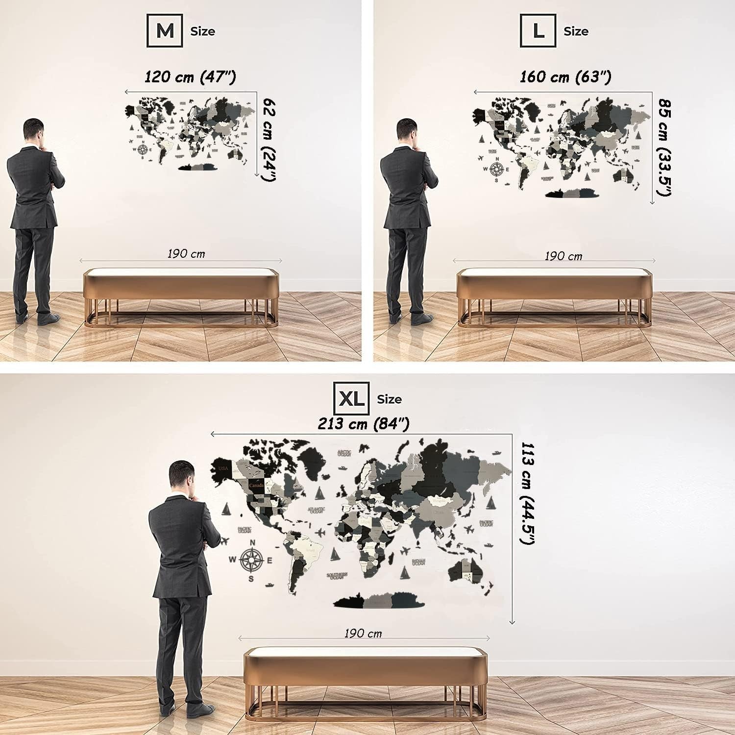 XL 3D Wooden World Map Wall Art Night Travel Decor 213x113cm