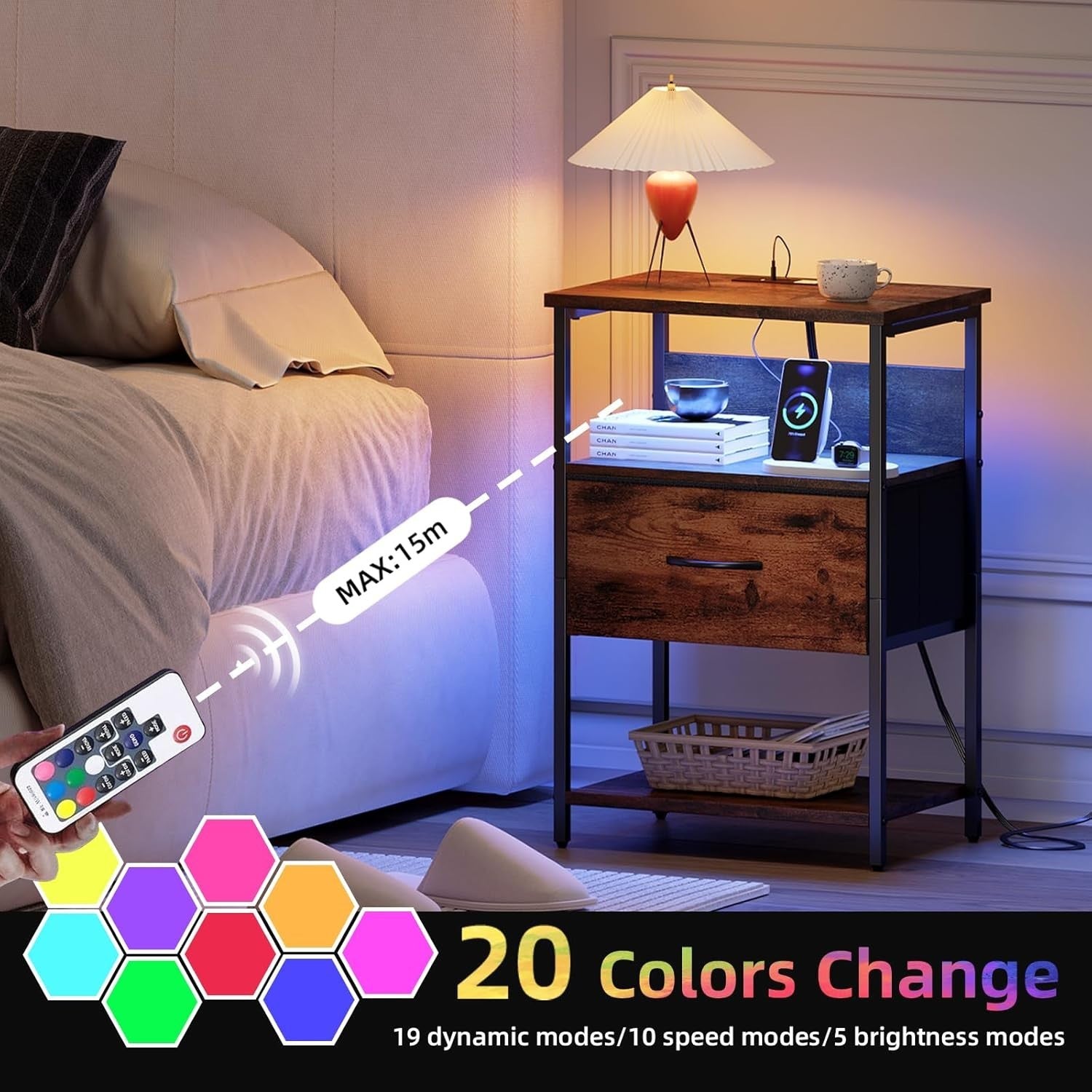 Wood Grain Bedside Table with LED Light – Nightstand with USB Ports