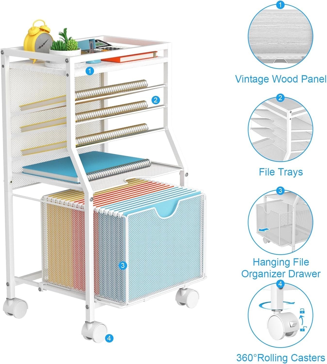 Rolling File Cart Under Desk 6 Tier Storage Organiser w Wheels White