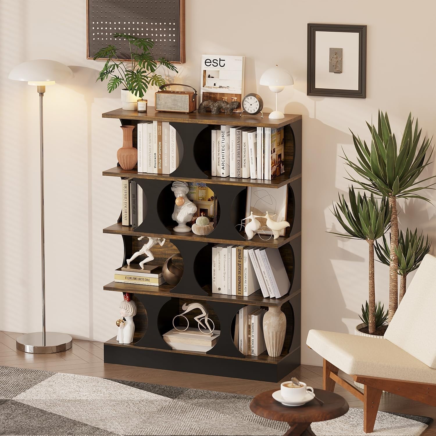 4 Tier Rustic Bookcase with Circular Shelves Industrial Storage Cabinet