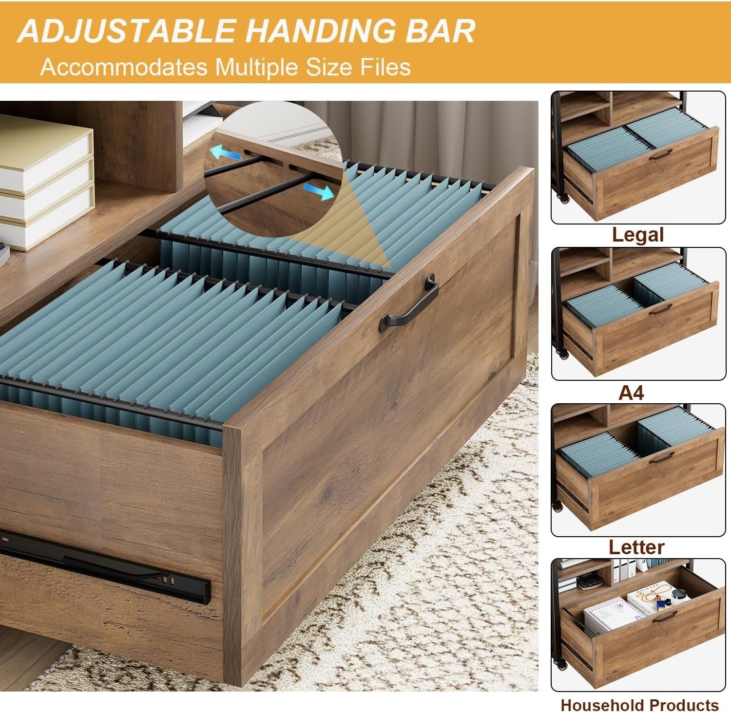 Rustic Oak Rolling Lateral File Cabinet Printer Stand Legal Letter