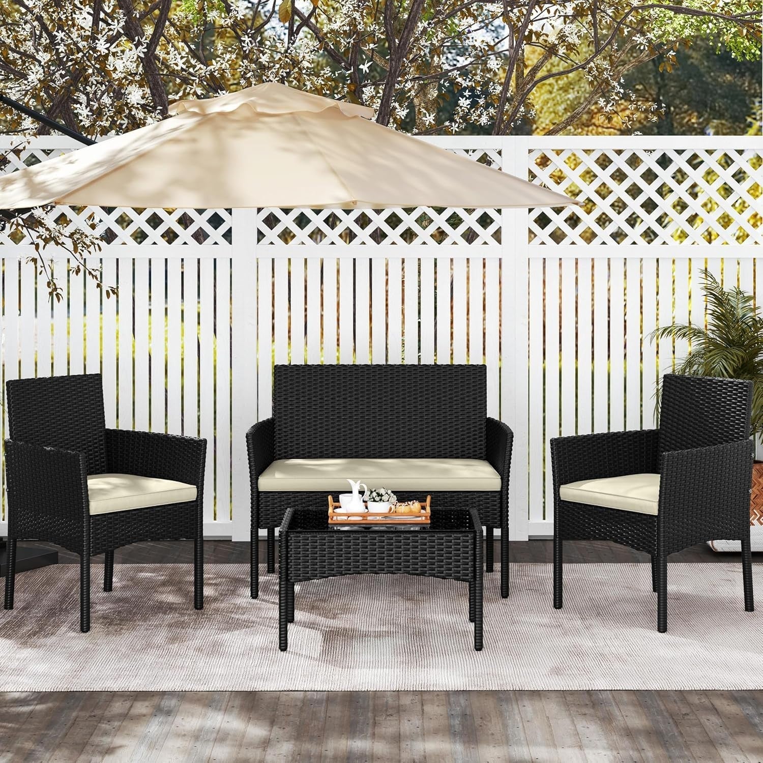 Outdoor Rattan Garden Sofa Set with Cushions & Tempered Glass Table Patio