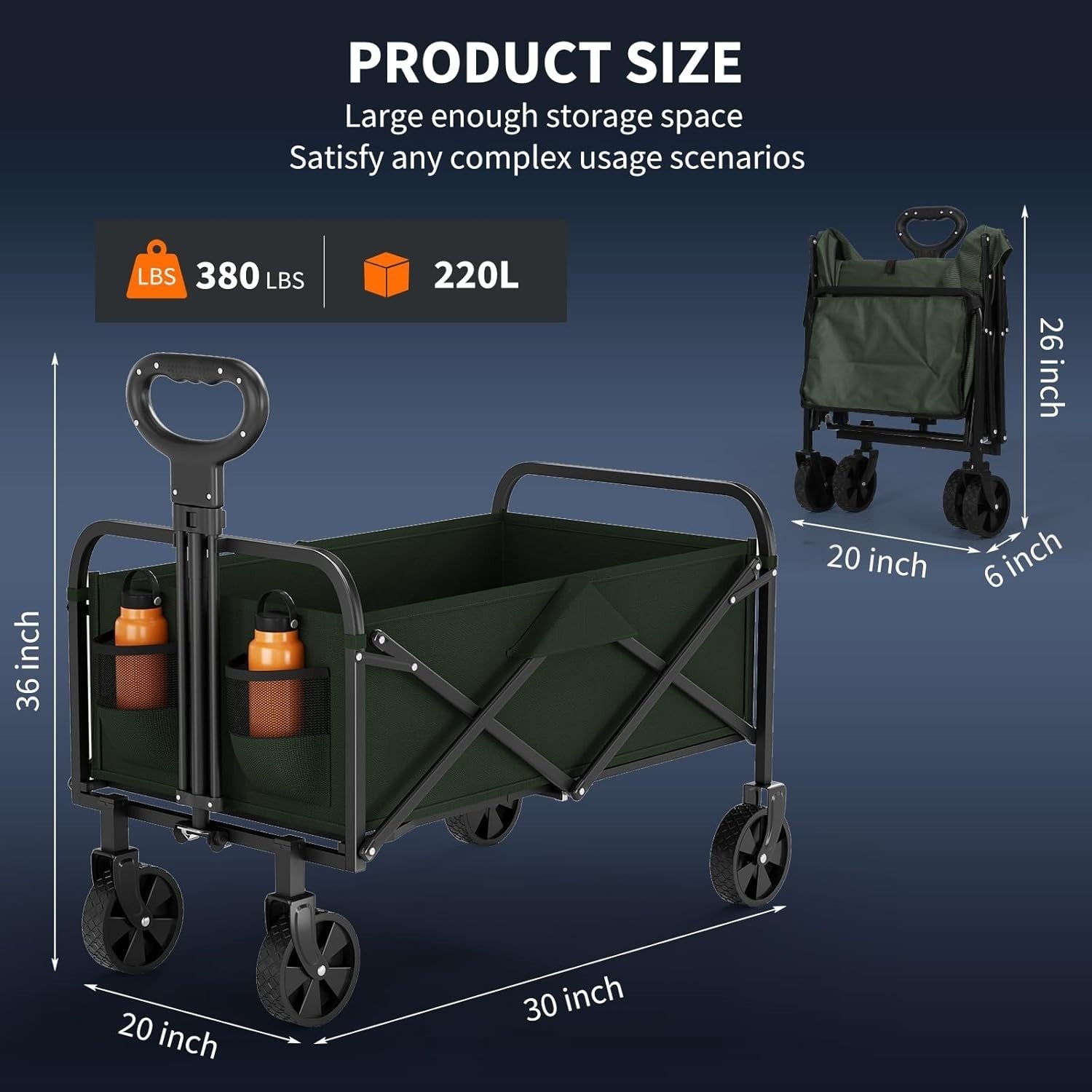 220L Folding Festival Wagon Heavy Duty Cart 172kg Load All Terrain Wheels Green