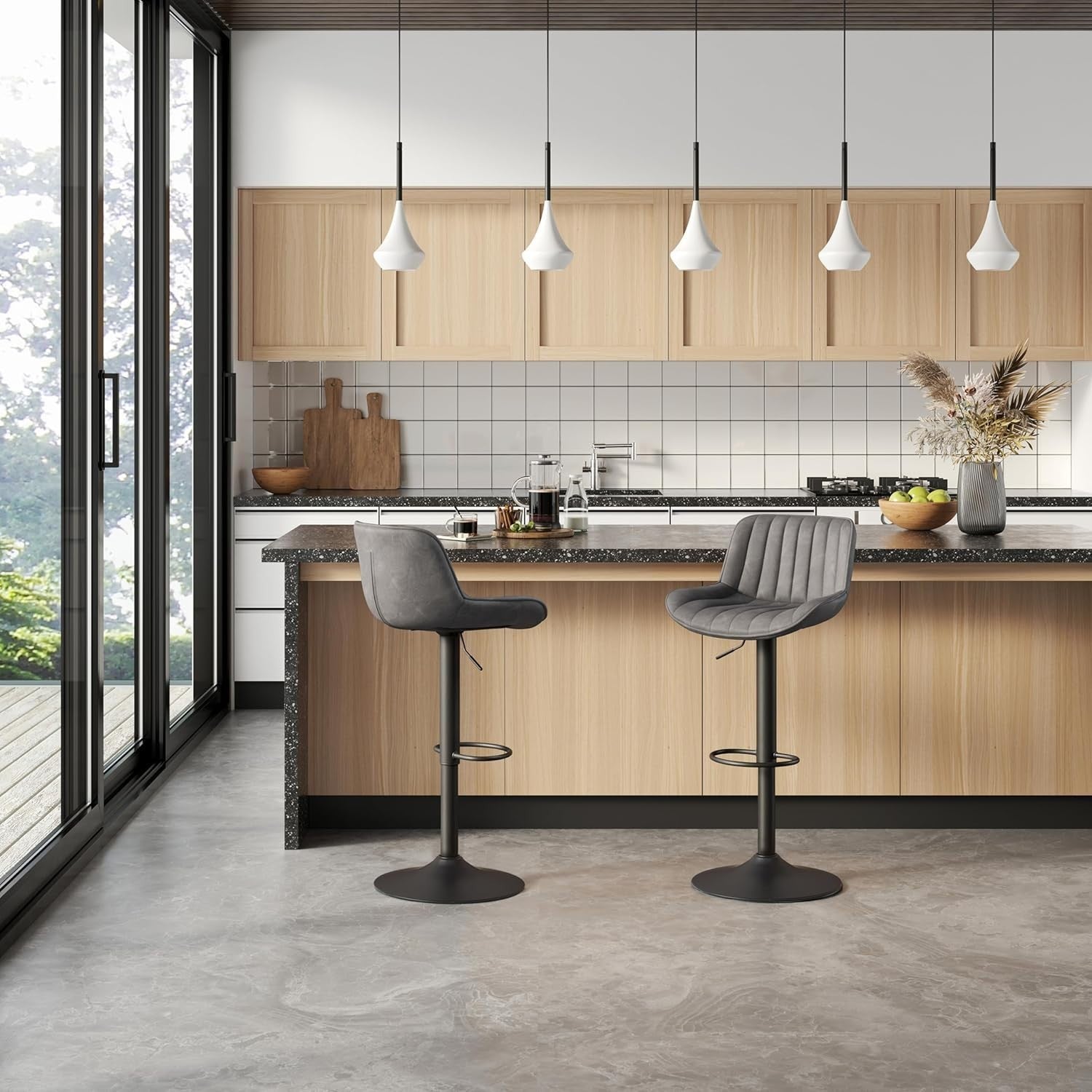 Grey Bar Stools Set of 2 | Memory Foam PU Seat, Adjustable Swivel, Oval