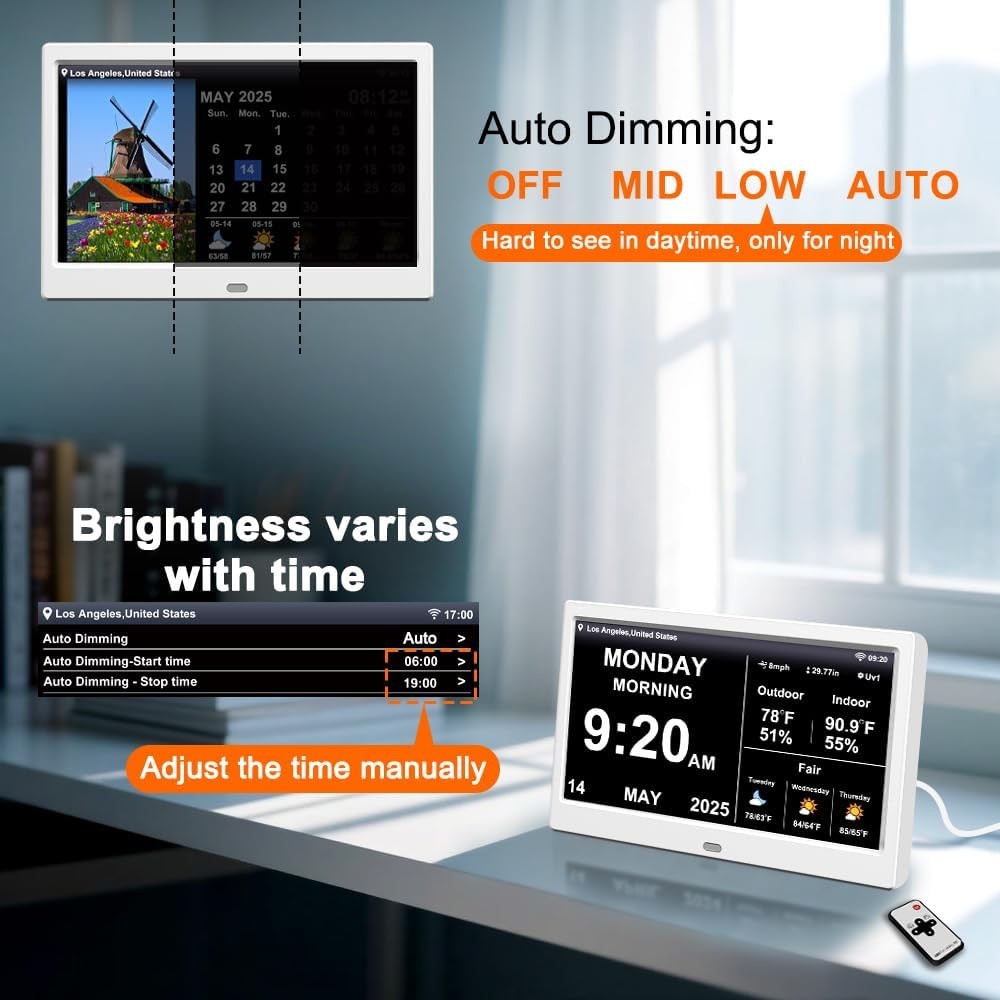 Large Digital Clock 10.1in Display Temperature Humidity Elderly Alarms