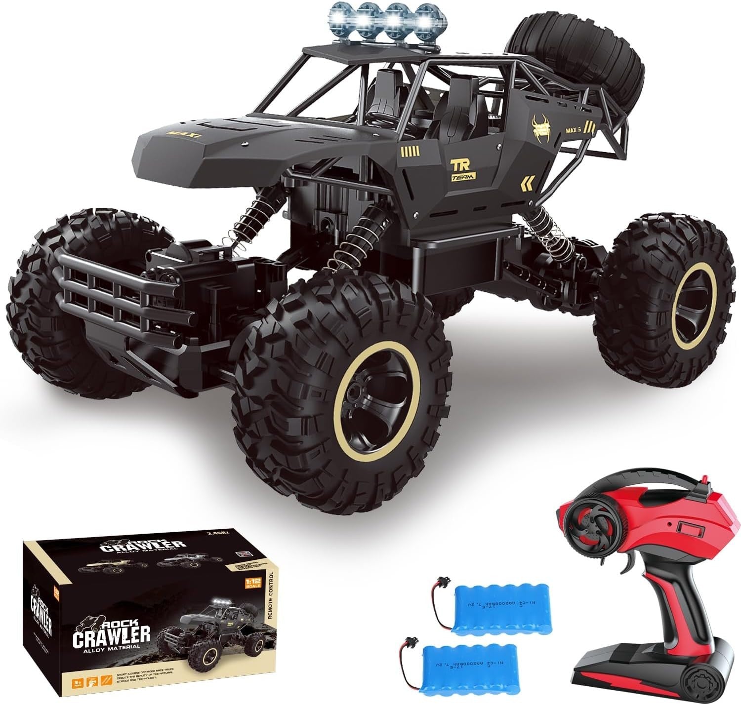 1:12 RC Monster Truck 4WD 2.4GHz Rock Crawler Metal Shell LED Car with 2 Batteri