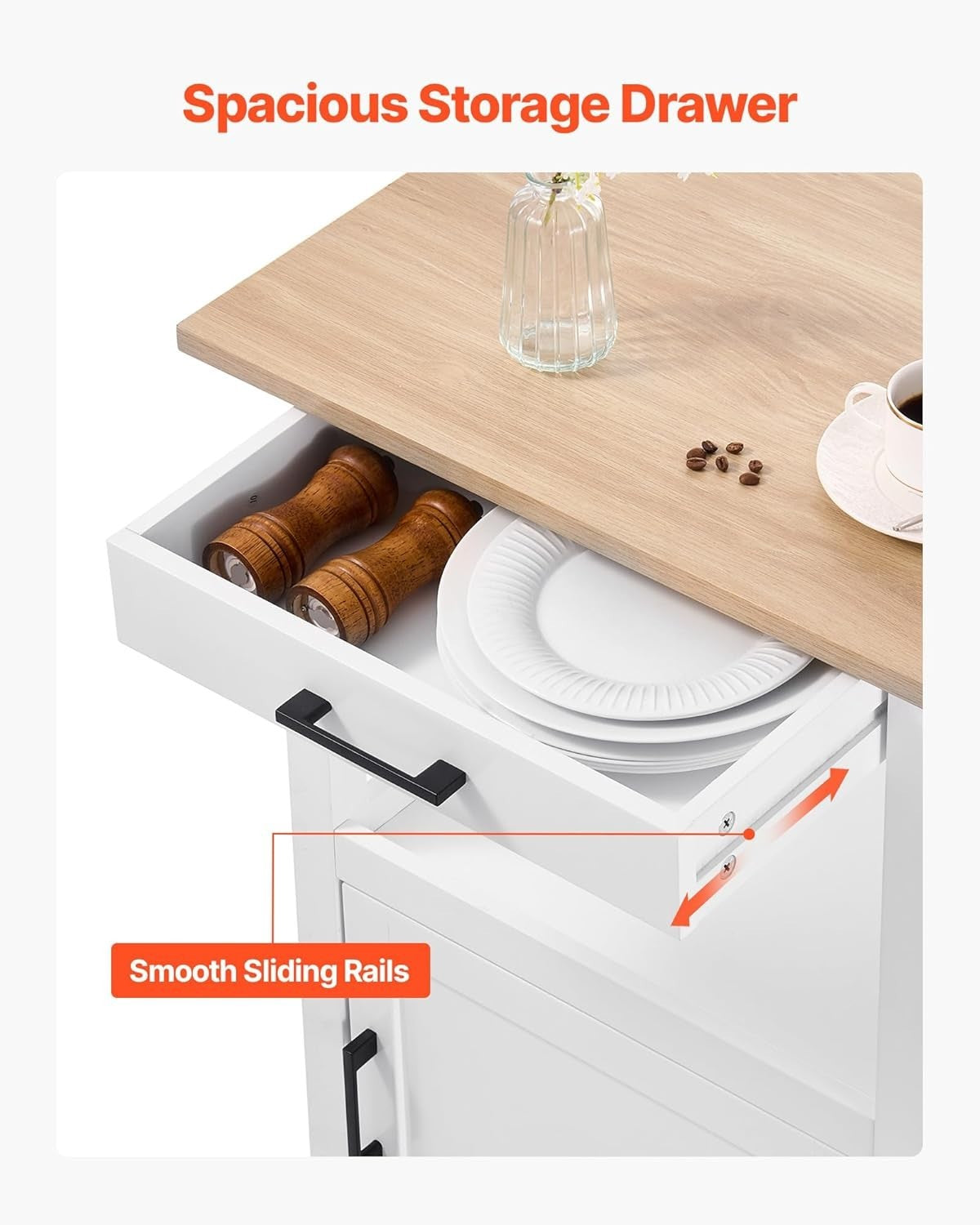 Rolling Kitchen Island Cart with Drawer, Cabinet, Wheels – 59x45cm White