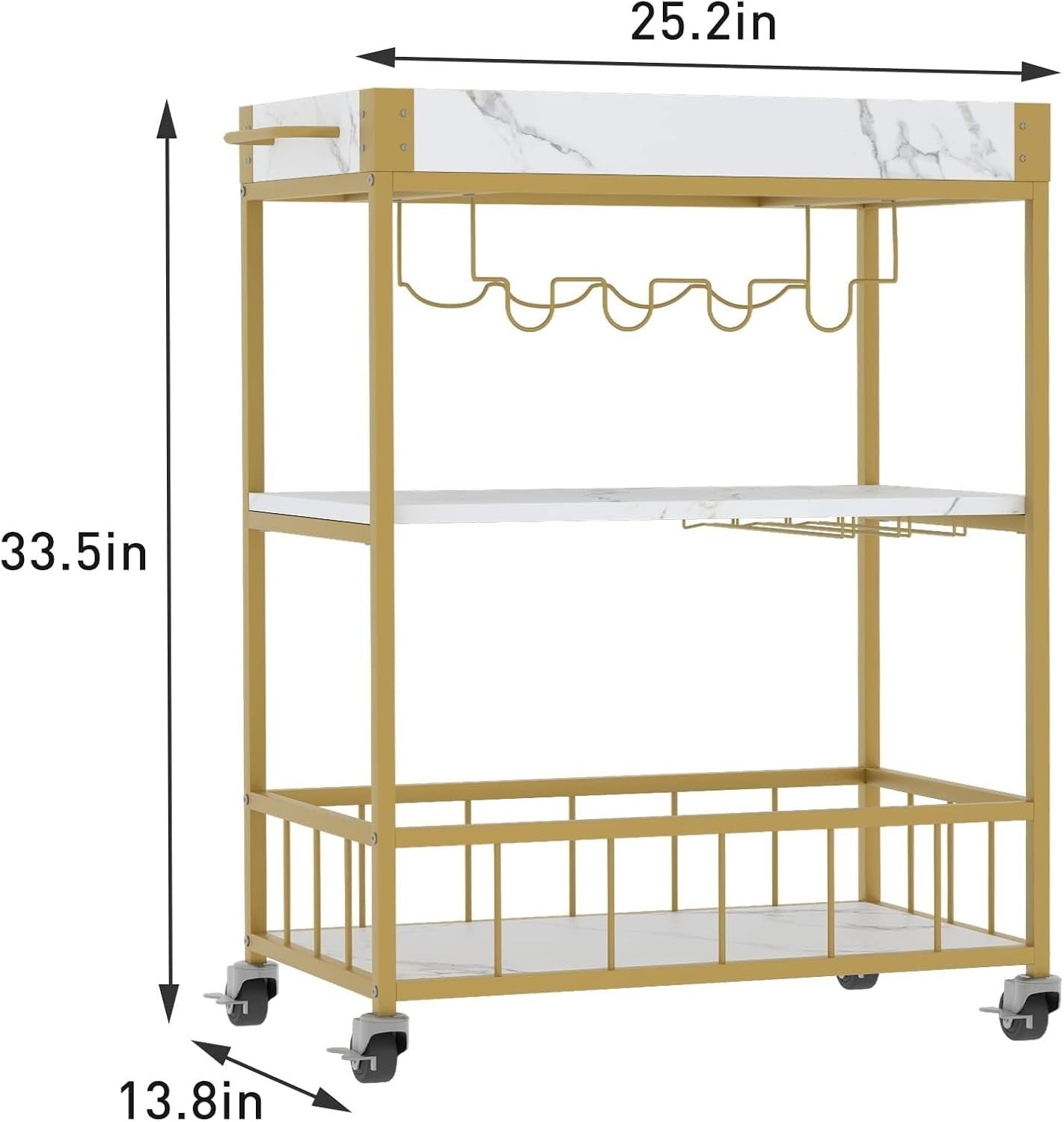 3 Tier Gold Bar Cart with Wine Rack & Glass Holder Rolling Drinks Trolley