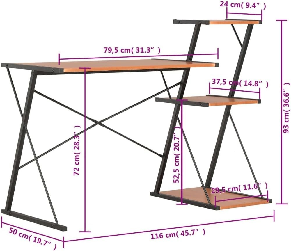 Z-Shaped Computer Desk with 3 Shelves 116x50x93cm, Black+Brown Home Office Table