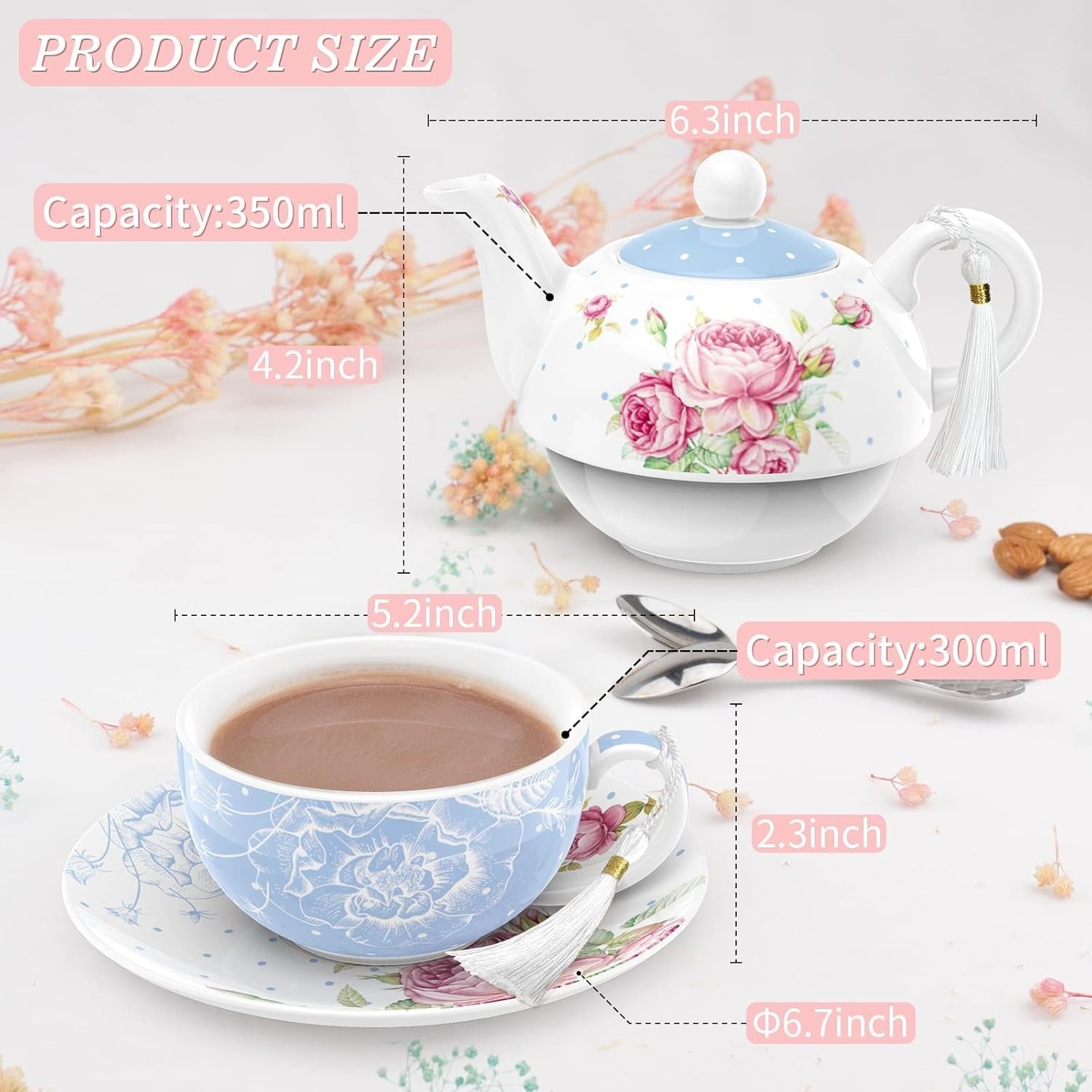 Tea for One Teapot Cup Saucer Set 350ml Vintage Floral Blue Gift Box