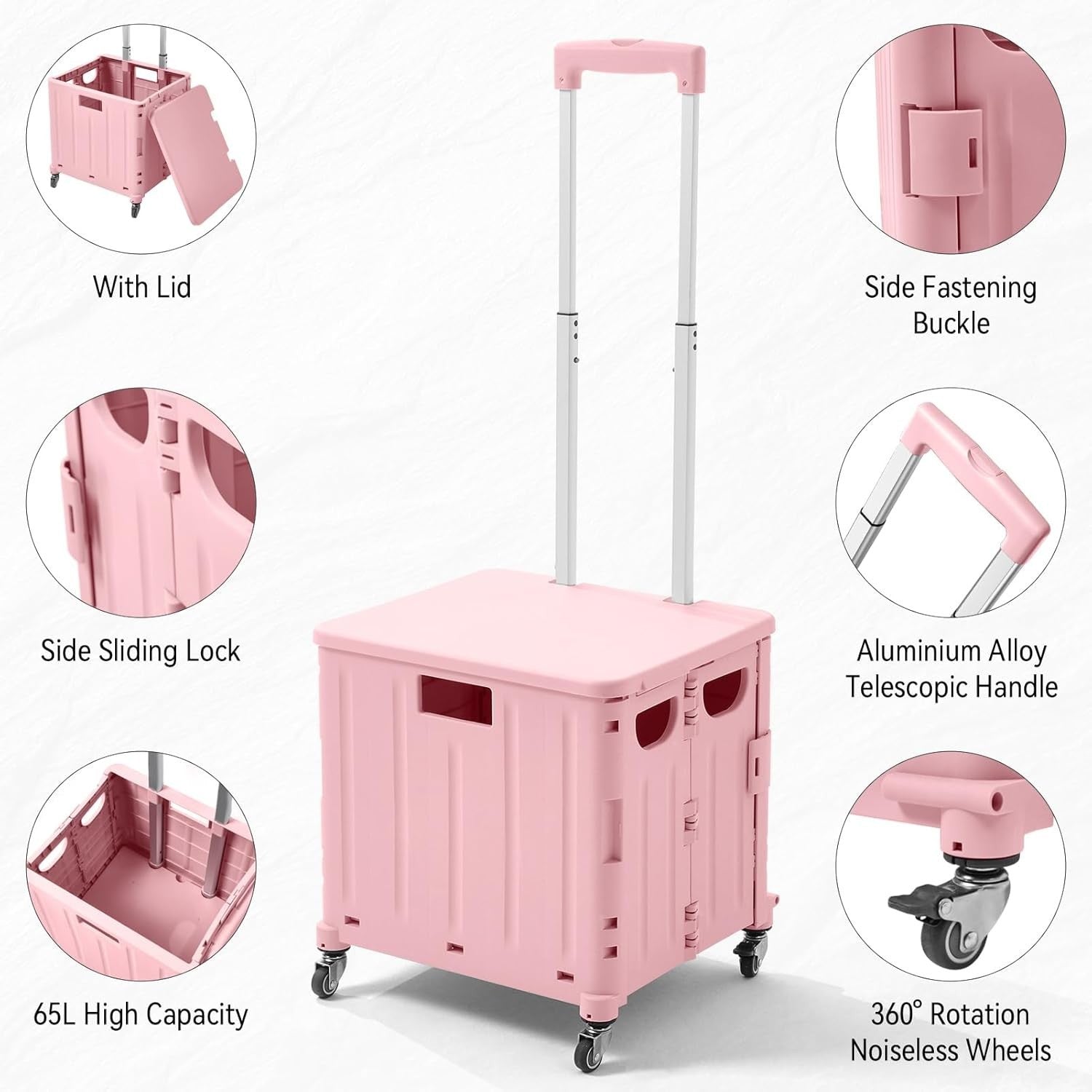 65L Foldable Shopping Trolley 4 Rotating Wheels Collapsible Cart with Lid Pink