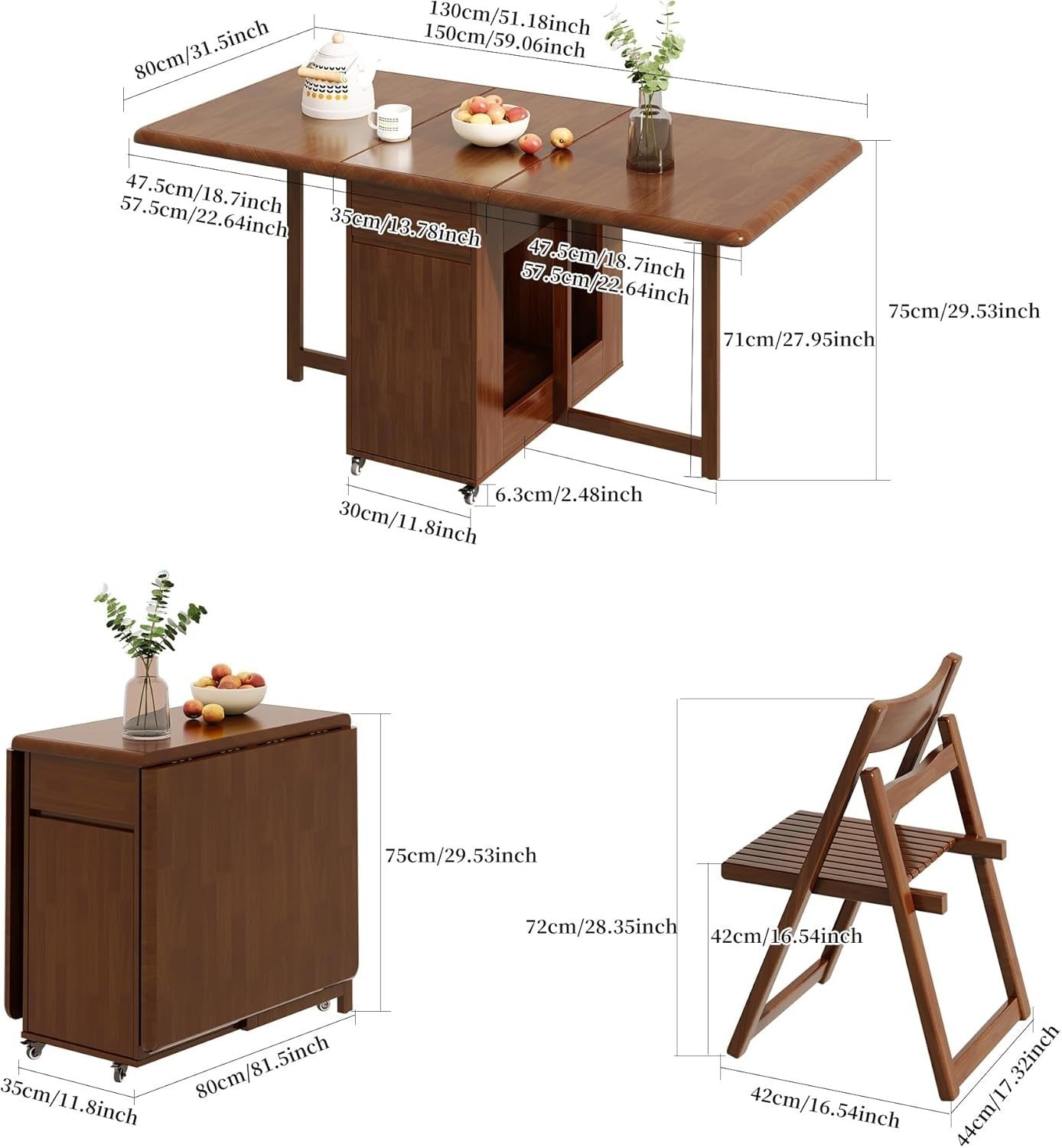 Space-Saving Folding Drop Leaf Dining Table with 6 Chairs Walnut Set