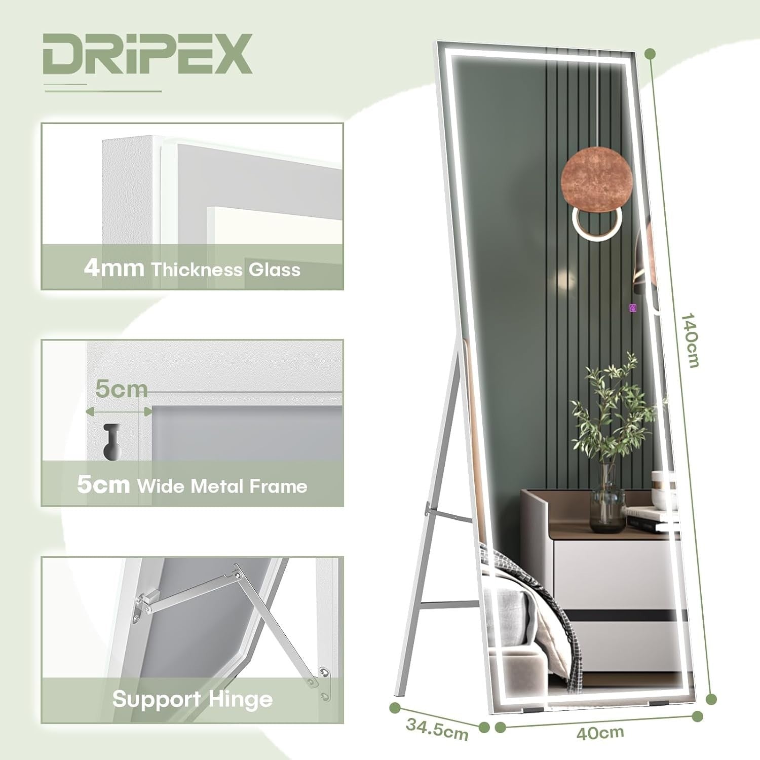LED Full Length Mirror 140x40cm Wall Leaner with 3-Colour Touch Lights