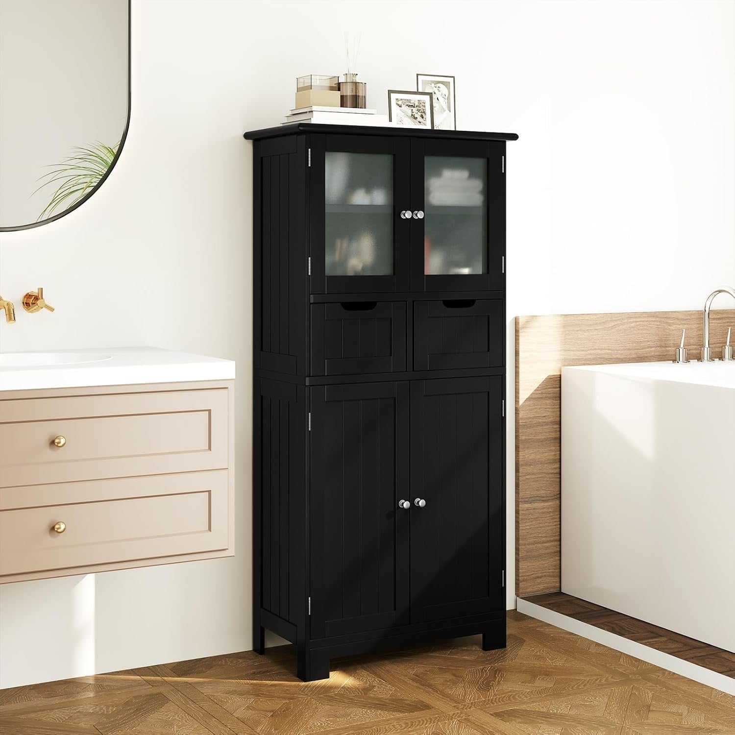 Black Freestanding Storage Cabinet with Glass Doors & Drawers Shelves