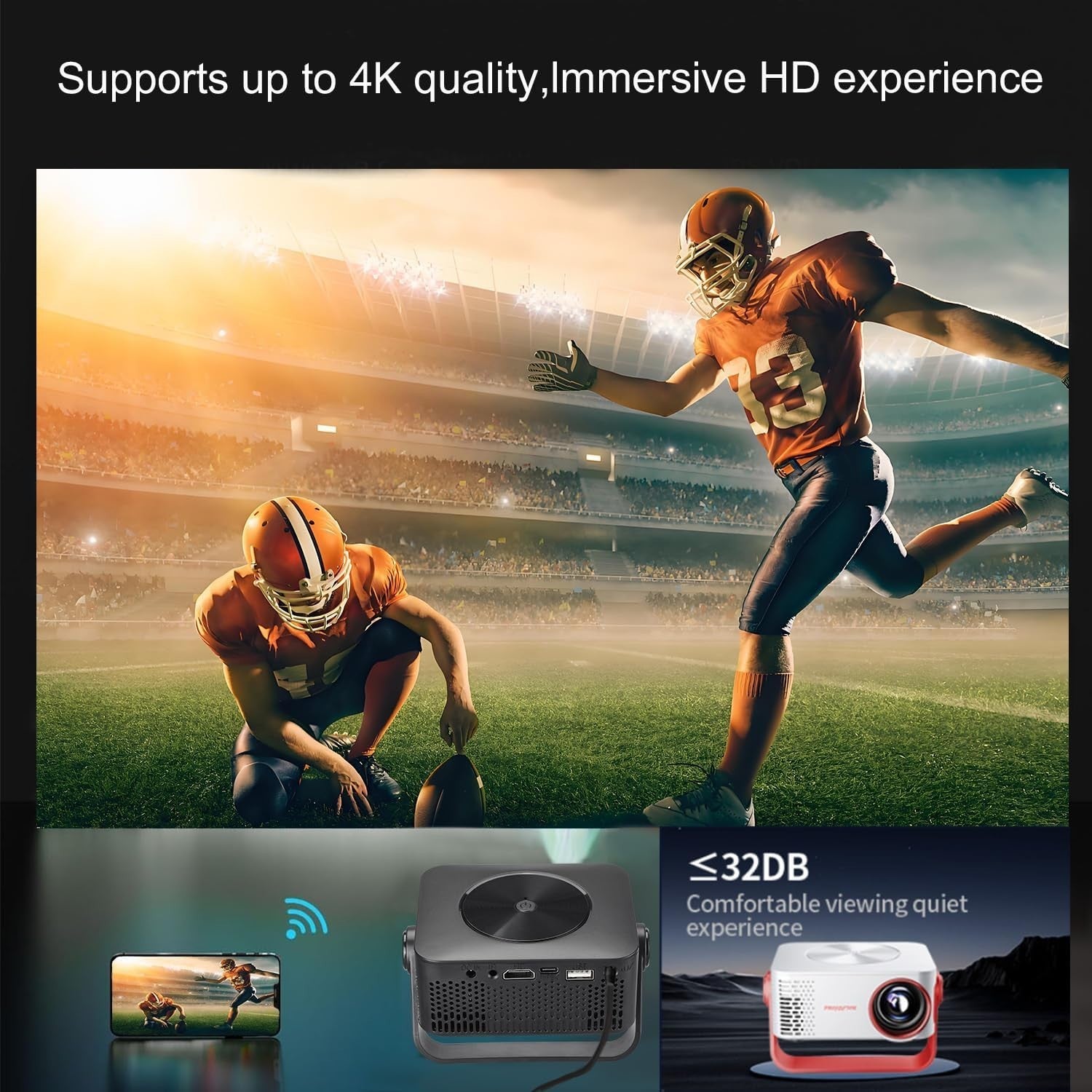 4K Mini Projector 1080P WiFi Portable 180° Home Outdoor Movie