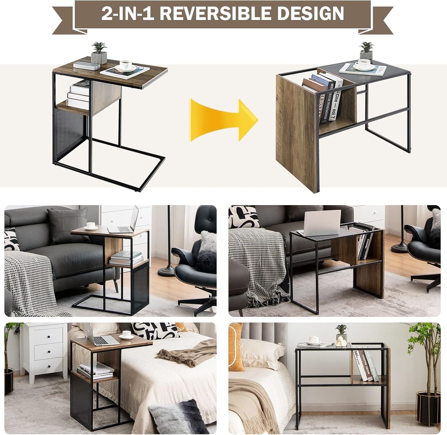 Reversible C-Shaped Industrial Side Table with Storage Shelf – Metal & Wood Beds