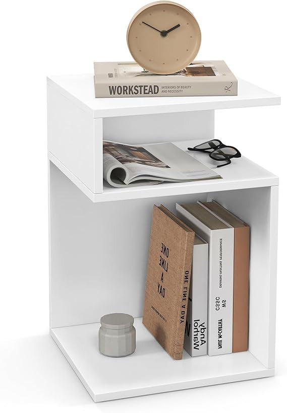 Modern S-Shaped Bedside Table White | 2-Tier Narrow Sofa Side Table with Storage