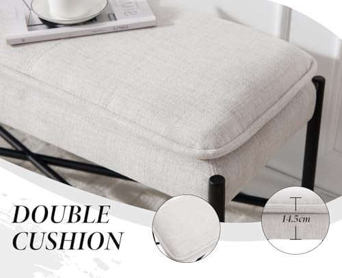 Beige Linen Upholstered Ottoman Bench Metal Frame Seat 115x37x48cm