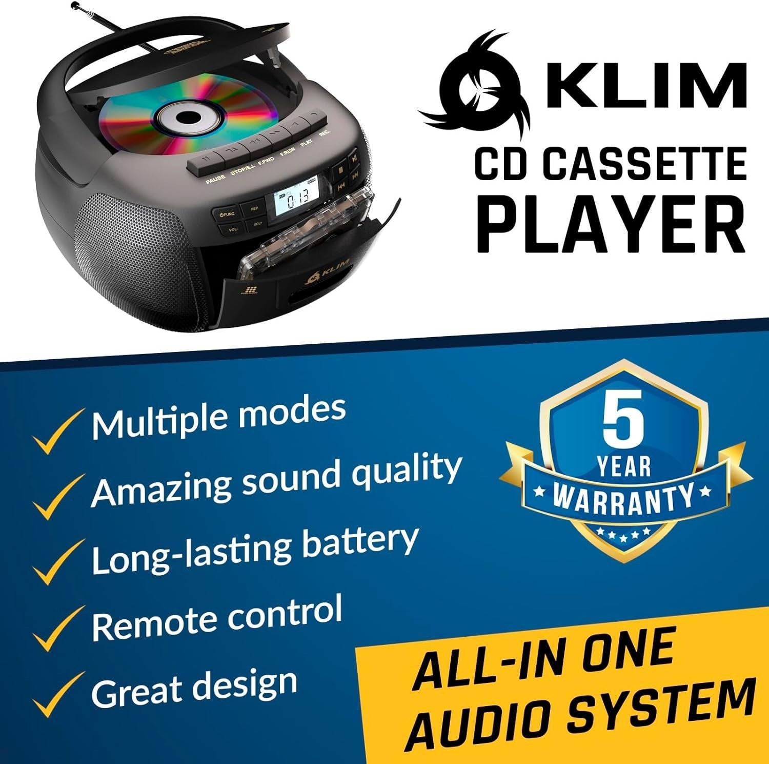 CD Cassette Player Boombox Bluetooth AM FM Radio USB AUX Black Gold