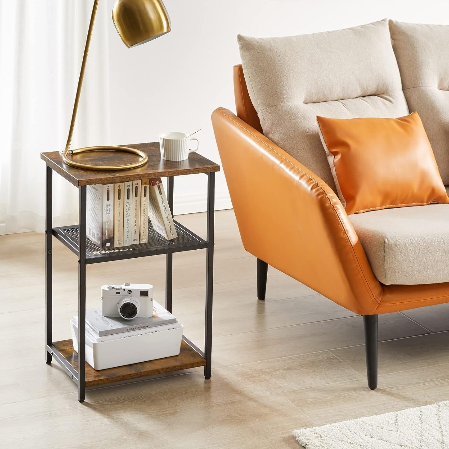 3-Tier Industrial Side Table with Wood & Metal Shelves, Compact Storage