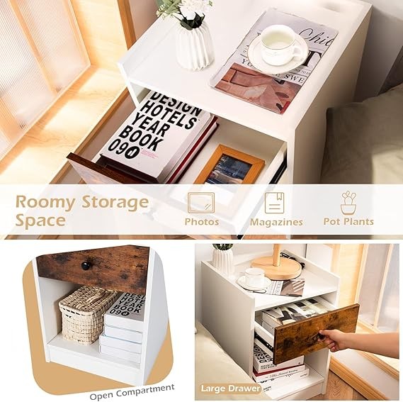 Modern White Bedside Tables Set of 2 with Drawer & Open Shelf 43x40x60cm