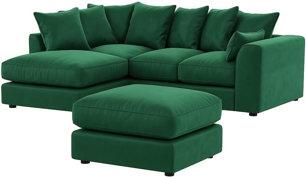 Green Velvet 4 Seater L Shape Corner Sofa with Footstool – Plush Memory Foam