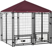 Outdoor Dog Kennel with Roof, Rotating Bowls & Lockable Steel Frame