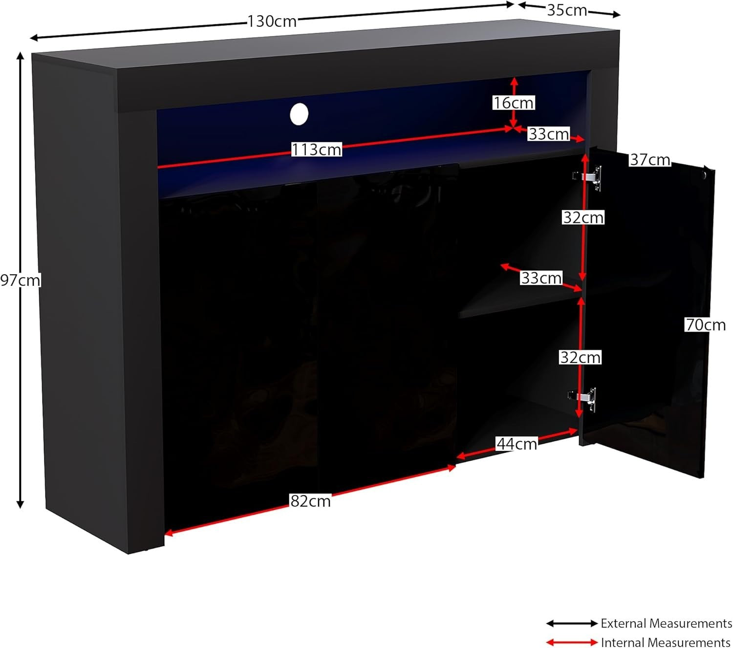Modern Black LED Sideboard 3 Doors 3 Drawers RGB Lighting Storage Cabinet