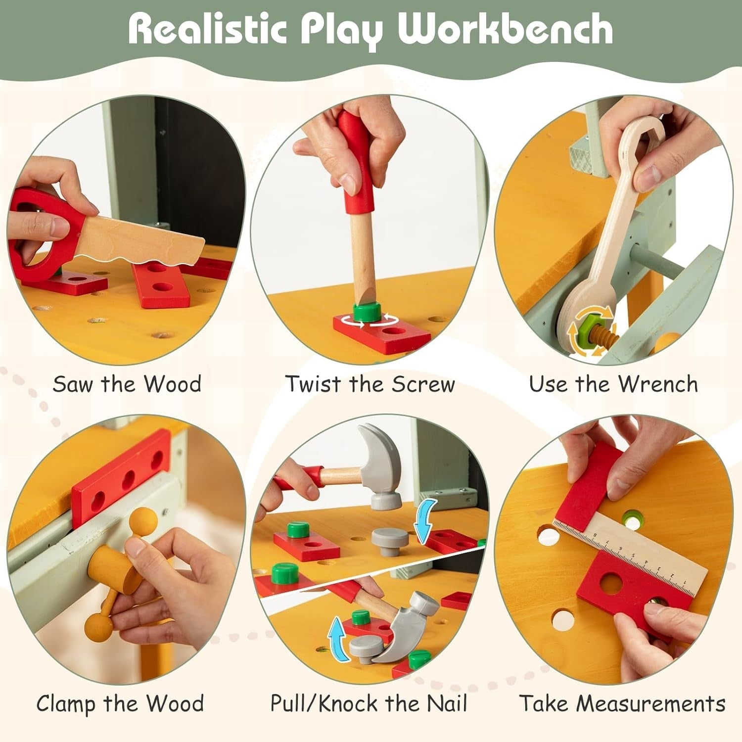 Wooden Kids Workbench Tool Set w/ Chalkboard Baskets Storage Pretend Play