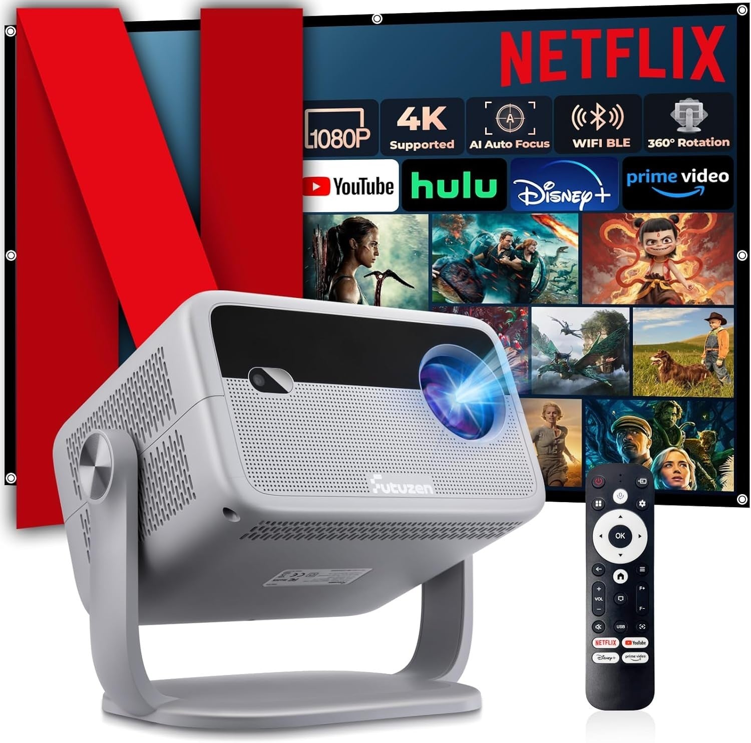 1080P Smart Projector 600 ANSI Netflix WiFi Bluetooth Auto Focus 360°