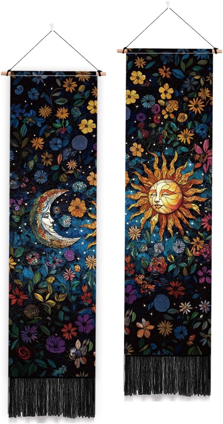 2-Pack Boho Sun & Moon Stained Glass Tapestry 52"x13" Vertical Decor