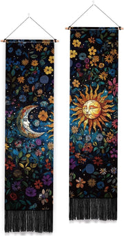 2-Pack Boho Sun & Moon Stained Glass Tapestry 52"x13" Vertical Decor