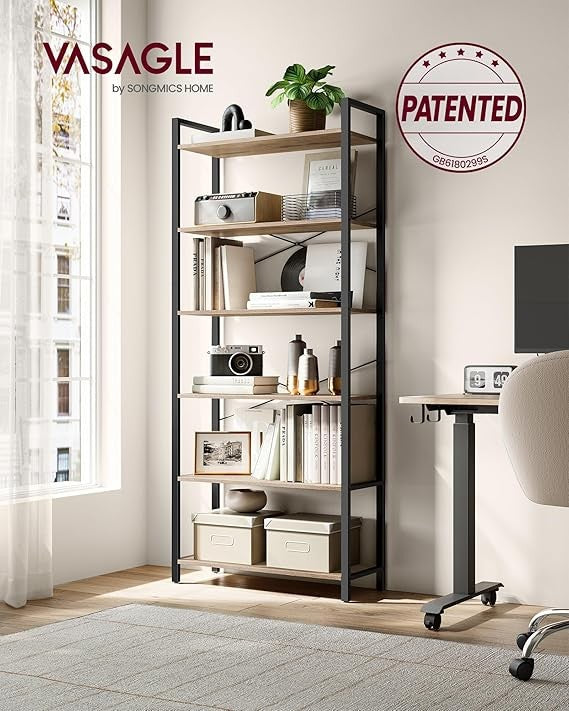 6 Tier Industrial Bookshelf Tall Storage Unit Metal Frame 30×80×186cm Shelving