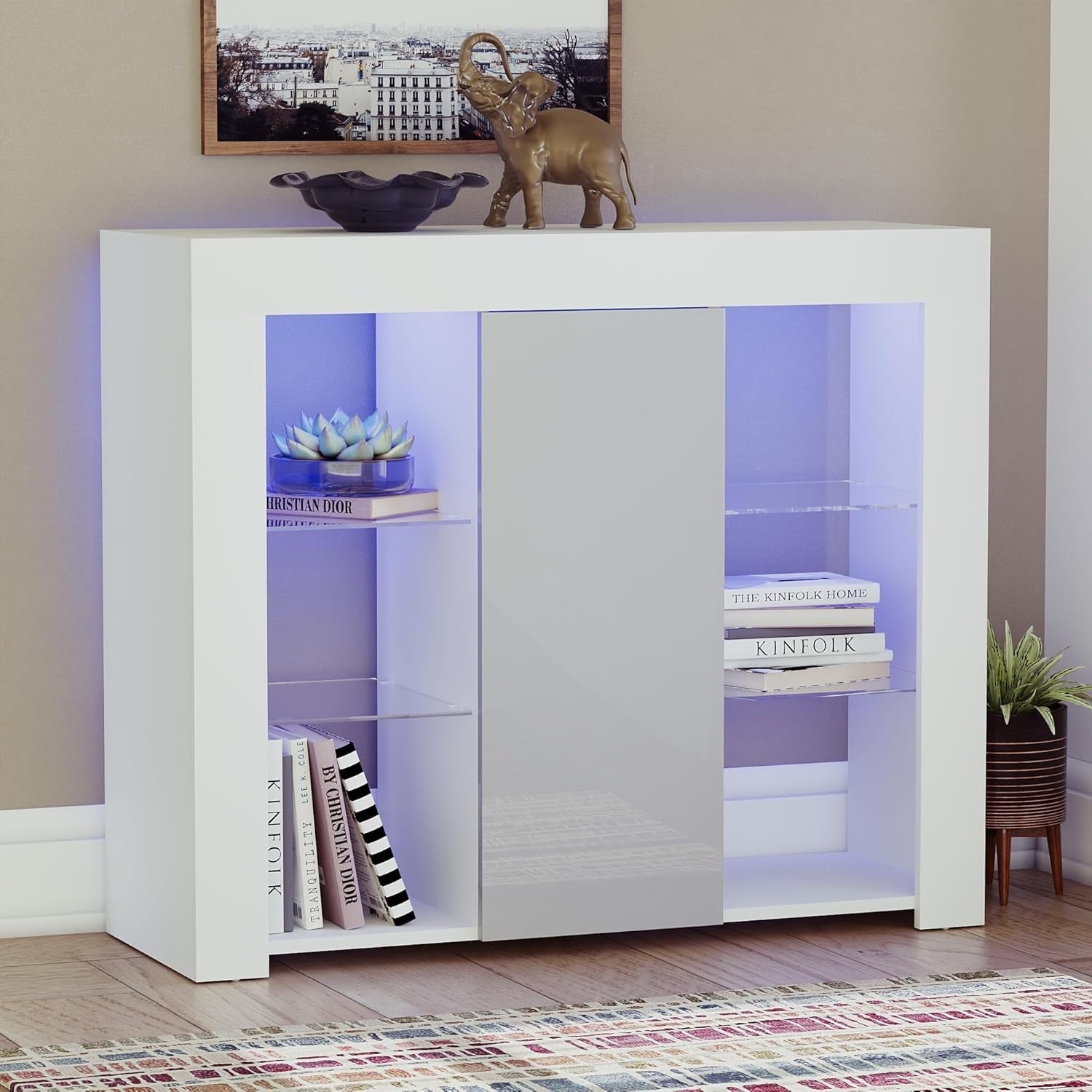 LED Sideboard Cabinet High Gloss Grey White Modern Storage Unit RGB