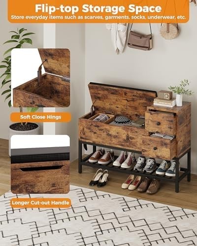 2-Tier Shoe Storage Bench with Drawers & Removable Cushion, Vintage Brown