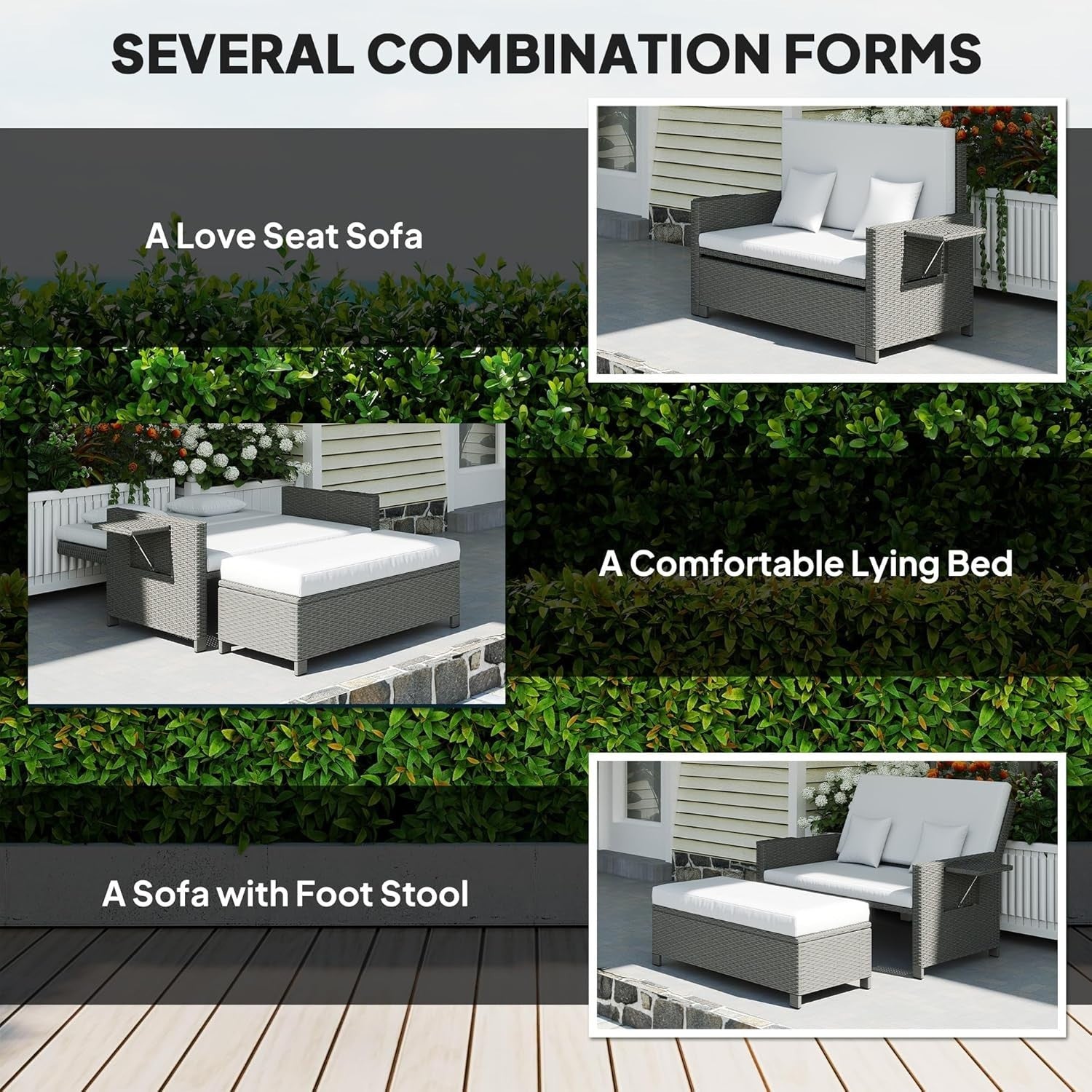3-in-1 Light Grey Rattan Outdoor Daybed with Adjustable Back & Ottoman