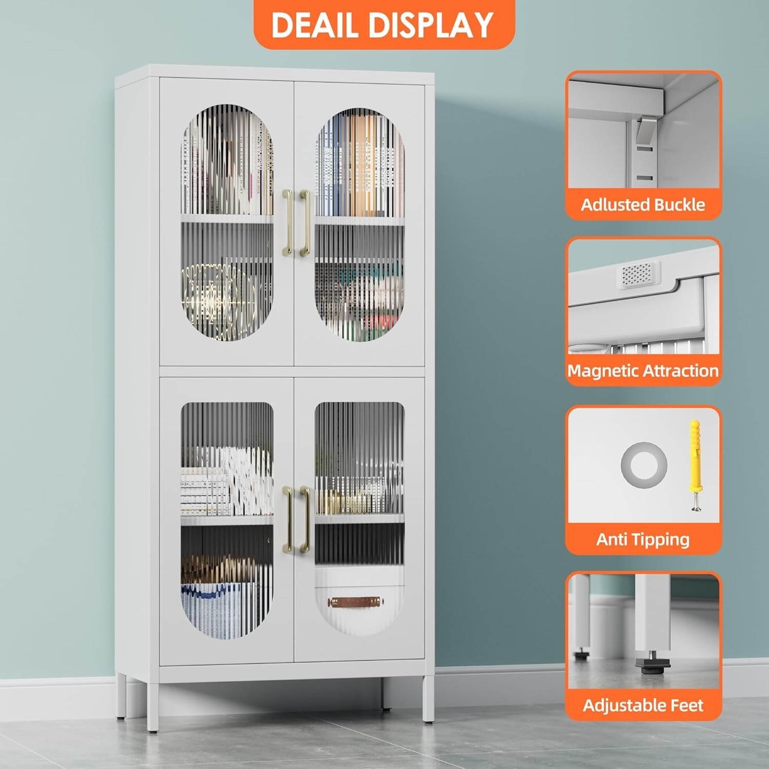White Metal Office Storage Cabinet 4 Doors Adjustable Shelves 155H