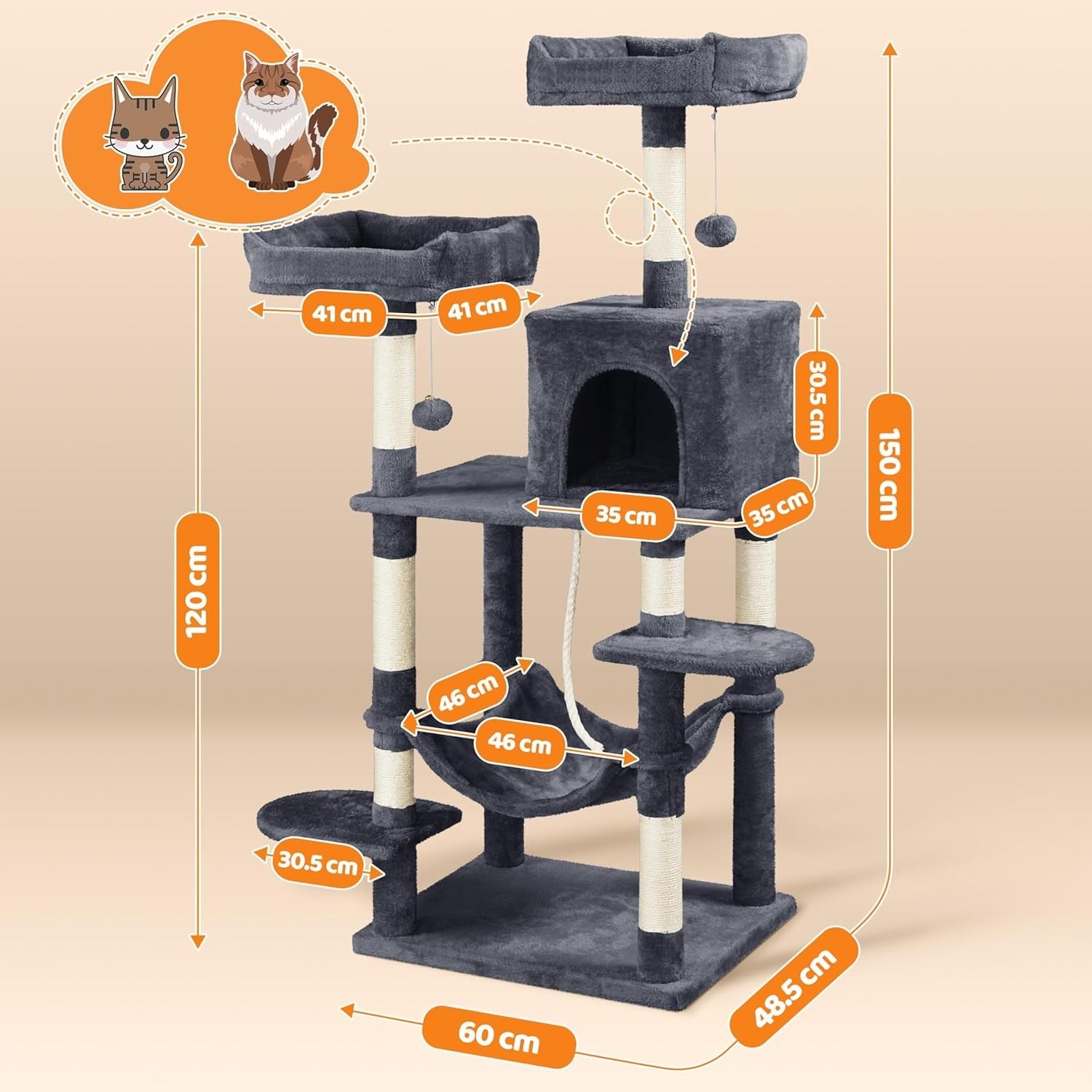 Large Cat Tree Tower 150cm Scratching Post Condo Hammock Play Centre