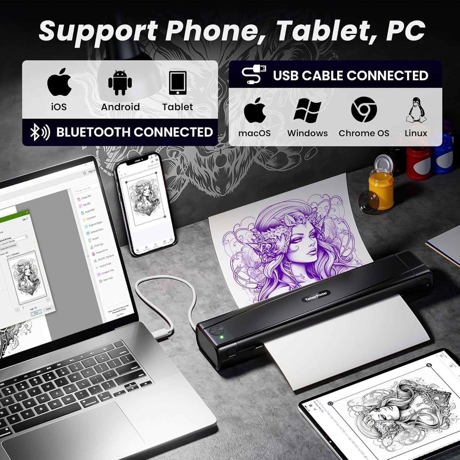 Black Tattoo Stencil Printer Wireless Thermal Tattoo Machine for Artists