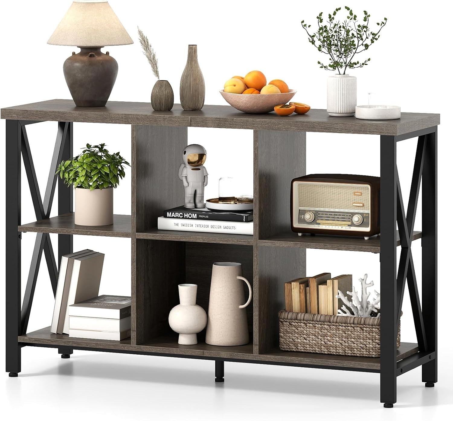 6-Cube Grey Storage Bookcase Industrial Metal Frame Durable 120x35x76cm