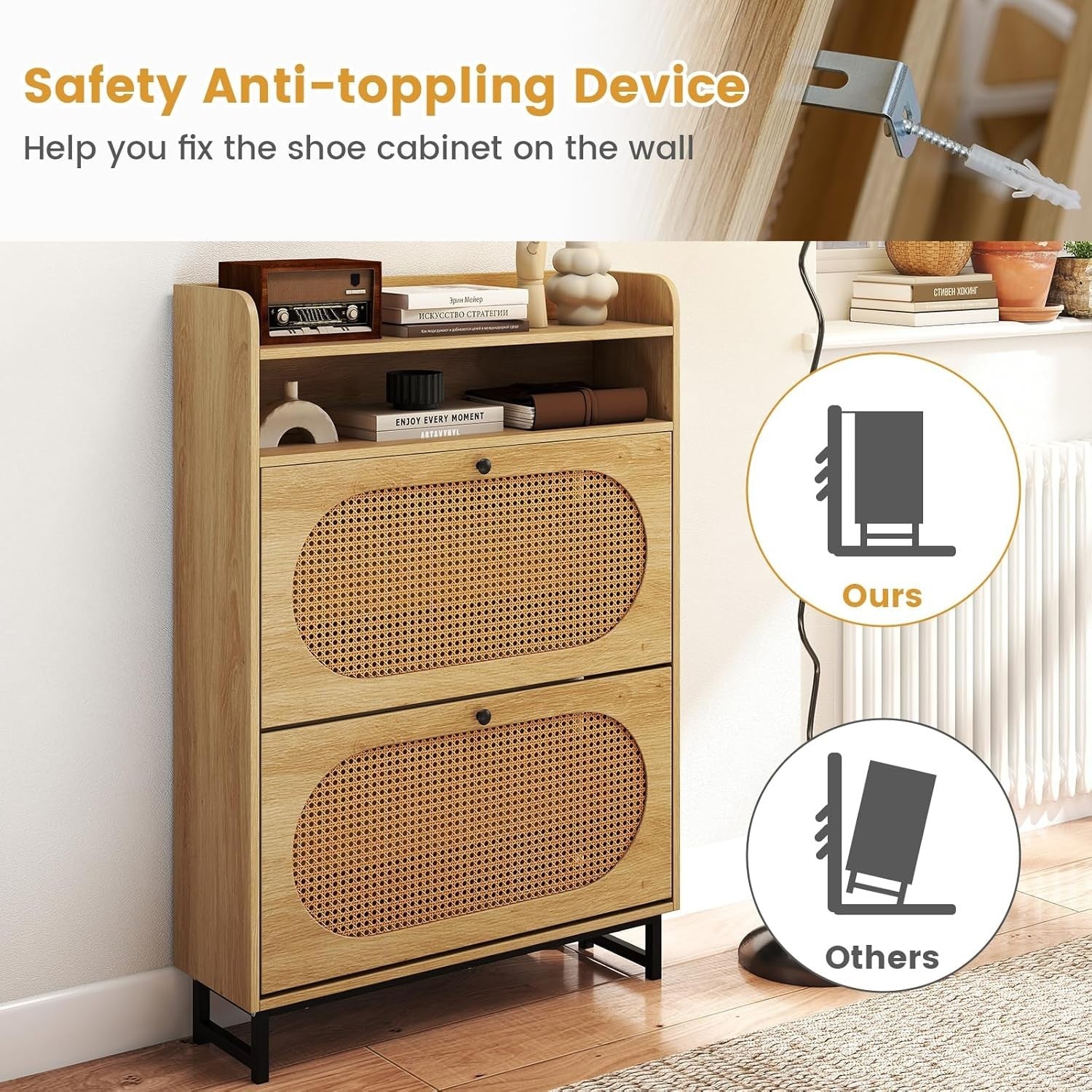 Narrow Rattan Shoe Cabinet with 2 Flip Drawers & Open Shelf 80x24x115cm