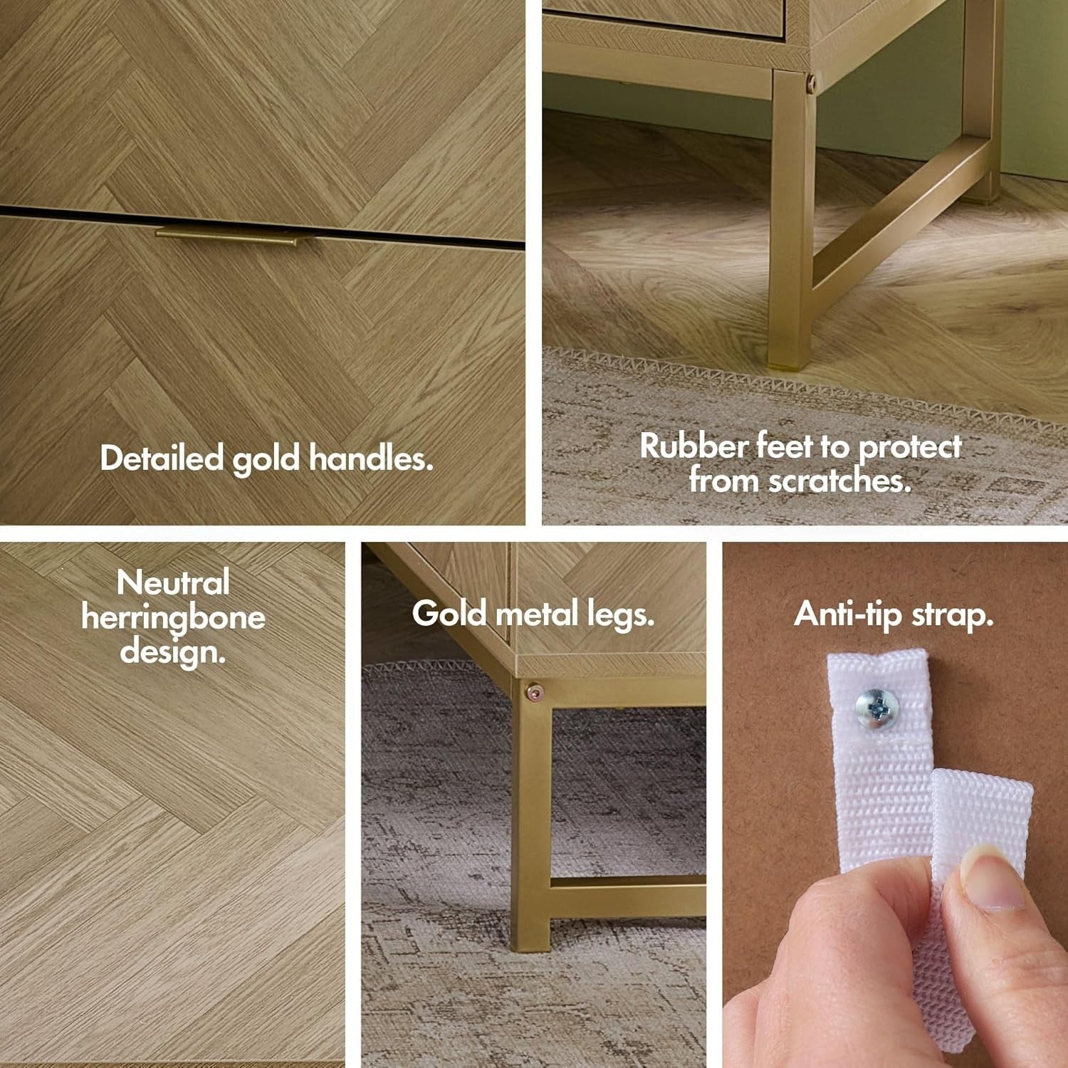 Herringbone 5 Drawer Bedroom Dresser Scandi Wood Effect Storage Cabinet