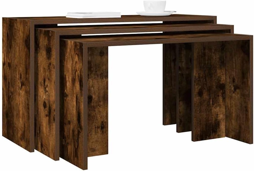 3 Pcs Nesting End Side Coffee Table Set Rectangular Smoked Oak Wood Stacking